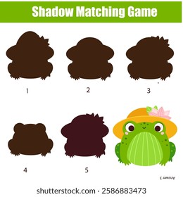 Shadow matching game. Kids activity with cartoon frog. Find silhouette page for toddlers