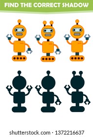 Shadow Matching game for kids. Find the correct shadow for the cartoon robots. Thematic activities for preschoolers and toddlers