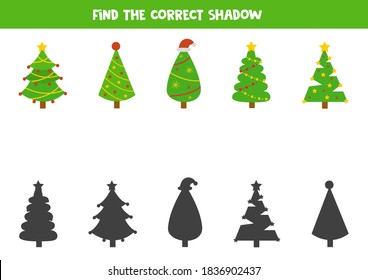 Shadow matching game for kids. Find shadows of Christmas trees. Logical worksheets for kids.