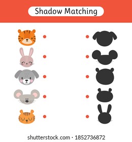 Shadow matching game for kids. Find the correct shadow. Worksheets with animals. Kids activity for preschool and school age. Vector illustration