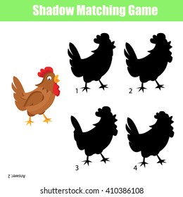 Shadow matching game for kids. Find the right shadow task, children educational game. Animals theme: find the correct shadow for hen with answer