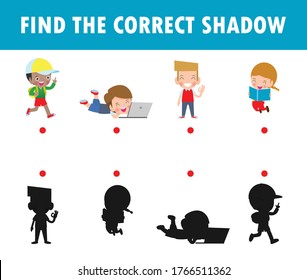 Shadow Matching Game for kids, Visual game for children. Connect the dots picture, Happy Halloween Party Kids Costume, Education isolated on background Vector Illustration.