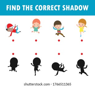 Juego de correspondencias en la sombra para niños, juego visual para niños. Conecta la imagen de puntos, Happy Halloween Party Kids Costume, Education aislado en el fondo Vector Illustration.