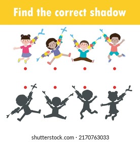 Juego de Sombra coincidente para niños, juego visual para niños, encontrar la sombra correcta, medios de instrucción, Conectar la imagen de puntos, Educación aislada en el fondo Ilustración vectorial.