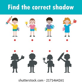 Juego de Sombra coincidente para niños, juego visual para niños, encontrar la sombra correcta, medios de instrucción, Conectar la imagen de puntos, Educación aislada en el fondo Ilustración vectorial.
