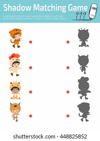 Shadow Matching Game for kids, Visual game for children, child wearing animal costumes,  Connect the dots picture,Education Vector Illustration. puzzle