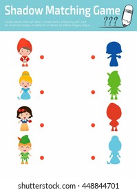 Shadow Matching Game for kids, Visual game for child . Connect the dots picture,Education Vector Illustration. kids wearing story costumes