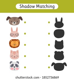 Shadow matching game for kids. Worksheet with animals. Find the correct shadow. Kids activity for preschool and school age. Vector illustration