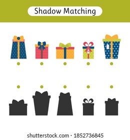 Shadow matching game for kids. Worksheets with gifts. Find the correct shadow. Kids activity for preschool age. Christmas. Vector illustration