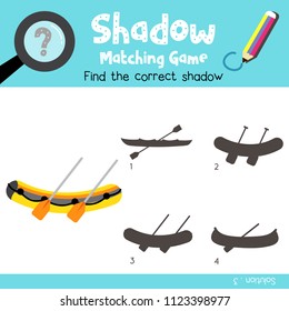 Shadow matching game of Liferaft cartoon character side view transportations for preschool kids activity worksheet colorful version. Vector Illustration.