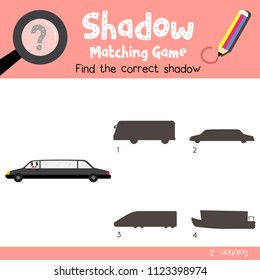 Shadow matching game of Limousine cartoon character side view transportations for preschool kids activity worksheet colorful version. Vector Illustration.