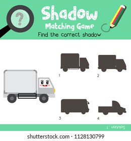 Shadow matching game of Lorry cartoon character side view transportations for preschool kids activity worksheet colorful version. Vector Illustration.