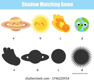 Shadow matching game. Match planet with silhouette. Learn space solar system for toddlers