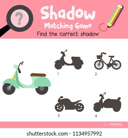 Shadow matching game of Motor Scooter cartoon character side view transportations for preschool kids activity worksheet colorful version. Vector Illustration.