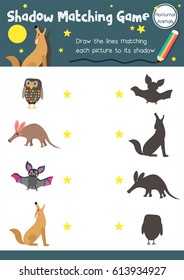 Shadow matching game of nocturnal animals for preschool kids activity worksheet layout in A4 colorful printable version. Vector Illustration.