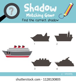 Shadow matching game of Ocean Liner cartoon character side view transportations for preschool kids activity worksheet colorful version. Vector Illustration.