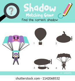 Shadow matching game of Parachute cartoon character side view transportations for preschool kids activity worksheet colorful version. Vector Illustration.