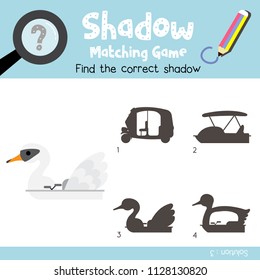 Shadow matching game of Pedal Boat cartoon character side view transportations for preschool kids activity worksheet colorful version. Vector Illustration.