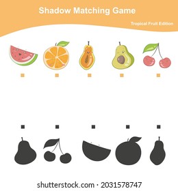 Shadow Matching game for Preschool Children. Tropical Fruits Edition. Educational activity for preschool kids. Vector illustration. It is perfect for exercising children’s motoric movements.