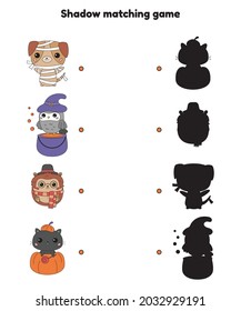 Shadow matching game for preschool children. Halloween theme. Cute kawaii cartoon animals - dog, owl, hedgehog and cat. Halloween costumes for party. Activity worksheet. Vector illustration.