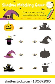 Shadow matching game for preschool kids activity worksheet in Halloween Day theme colorful printable version layout in A4.