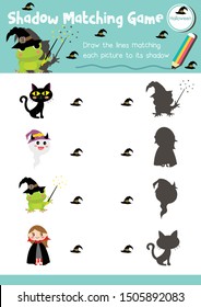 Shadow matching game for preschool kids activity worksheet in Halloween Day theme colorful printable version layout in A4.