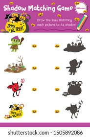 Shadow matching game for preschool kids activity worksheet in Halloween Day theme colorful printable version layout in A4.