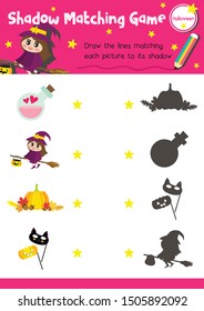 Shadow matching game for preschool kids activity worksheet in Halloween Day theme colorful printable version layout in A4.
