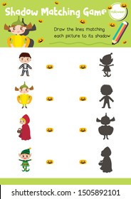 Shadow matching game for preschool kids activity worksheet in Halloween Day theme colorful printable version layout in A4.