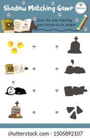 Shadow matching game for preschool kids activity worksheet in Halloween Day theme colorful printable version layout in A4.