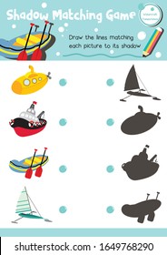 Shadow matching game for preschool kids activity worksheet in Transportation theme colorful printable version layout in A4.