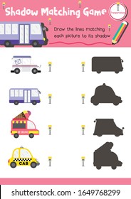 Shadow matching game for preschool kids activity worksheet in Transportation theme colorful printable version layout in A4.