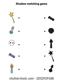 Shadow matching game for preschool kids. Activity worksheet. Halloween objects - magic wand, potion, skull, candy and candle. Find the correct silhouette. Vector illustration.