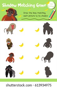 Shadow matching game of primate monkey animals for preschool kids activity worksheet layout in A4 colorful printable version. Vector Illustration.