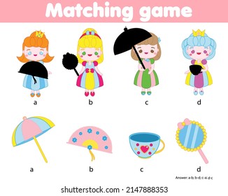 Shadow matching game. Princess theme Kids activity. Find silhouettes of objects.