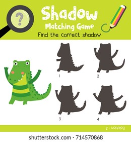 Shadow matching game of standing alligator animals for preschool kids activity worksheet colorful version. Vector Illustration.