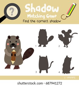 Shadow matching game of Standing Beaver holding a log animals for preschool kids activity worksheet colorful version. Vector Illustration.