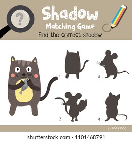 Shadow matching game of Standing Cat holding fish animals for preschool kids activity worksheet colorful version. Vector Illustration.