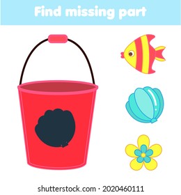 Shadow matching game. Summertime beach theme Kids activity. Find silhouette and decorate bucket