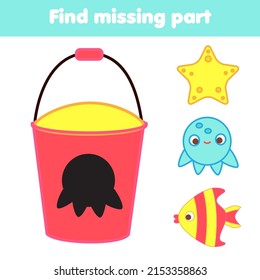 Juego de correspondencias en la sombra. En verano, la animación infantil se centra en la playa. Buscar silueta y decorar cubo