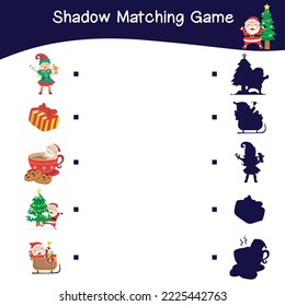 Hoja de trabajo de juego de sombras Hoja de cálculo imprimible educativa para niños con tema navideño. Coincidir con las imágenes con la hoja de cálculo de sombra. Archivo vector.