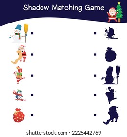 Shadow matching game worksheet Educational printable worksheet for children with Christmas theme. Matching the images with the shadow worksheet. Vector file.