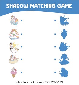 Shadow matching game worksheet. Educational printable worksheet for children with unicorn theme. Matching the images with the shadow worksheet. Vector file.