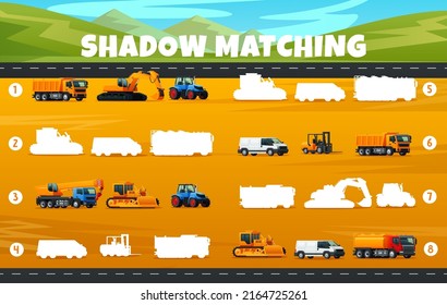 Shadow matching game worksheet. Industrial machinery transport truck, excavator, tractor and crane, bulldozer, tank car, forklift and van. Find heavy transportation silhouette task