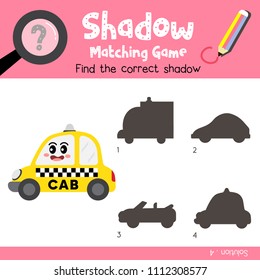 Shadow matching game of Yellow Cab side view transportations for preschool kids activity worksheet colorful version. Vector Illustration.