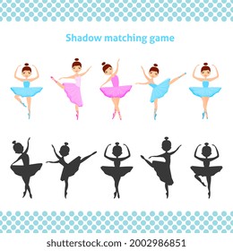 Shadow matching printable worksheet. Educational game for toddlers with cute ballerinas. It can be used for kindergarten and preschool. Children activity page. 