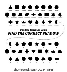 Shadow matcing game. Black version. Find the correct figures. Cartoon worksheets for kids. Vector basic geometric silhouette. Education flat shape school riddle collection. Triangle, square, circle.