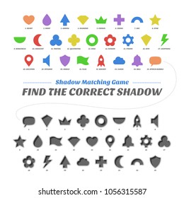 Shadow matcing game. Find the correct shapes. Worksheets for kids. Vector basic geometric silhouette. Education flat color figures school collection. Heart, drop, arrow, diamond, crown, cross, arc.