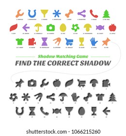 Shadow matcing game. Find the correct shapes. Worksheets for kids. Vector basic geometric silhouette. Education flat color figures school collection. Wrench, horseshoe, funnel, snowflake, bone, share