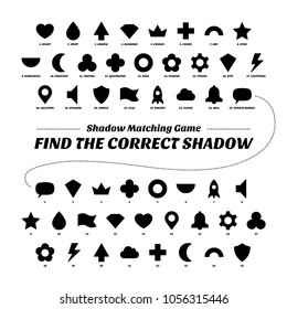 Shadow matcing game. Printable version. Find the correct figures. Cartoon worksheets for kids. Vector basic geometric silhouette. Education flat shape school riddle collection. Ring, flower, pinion.